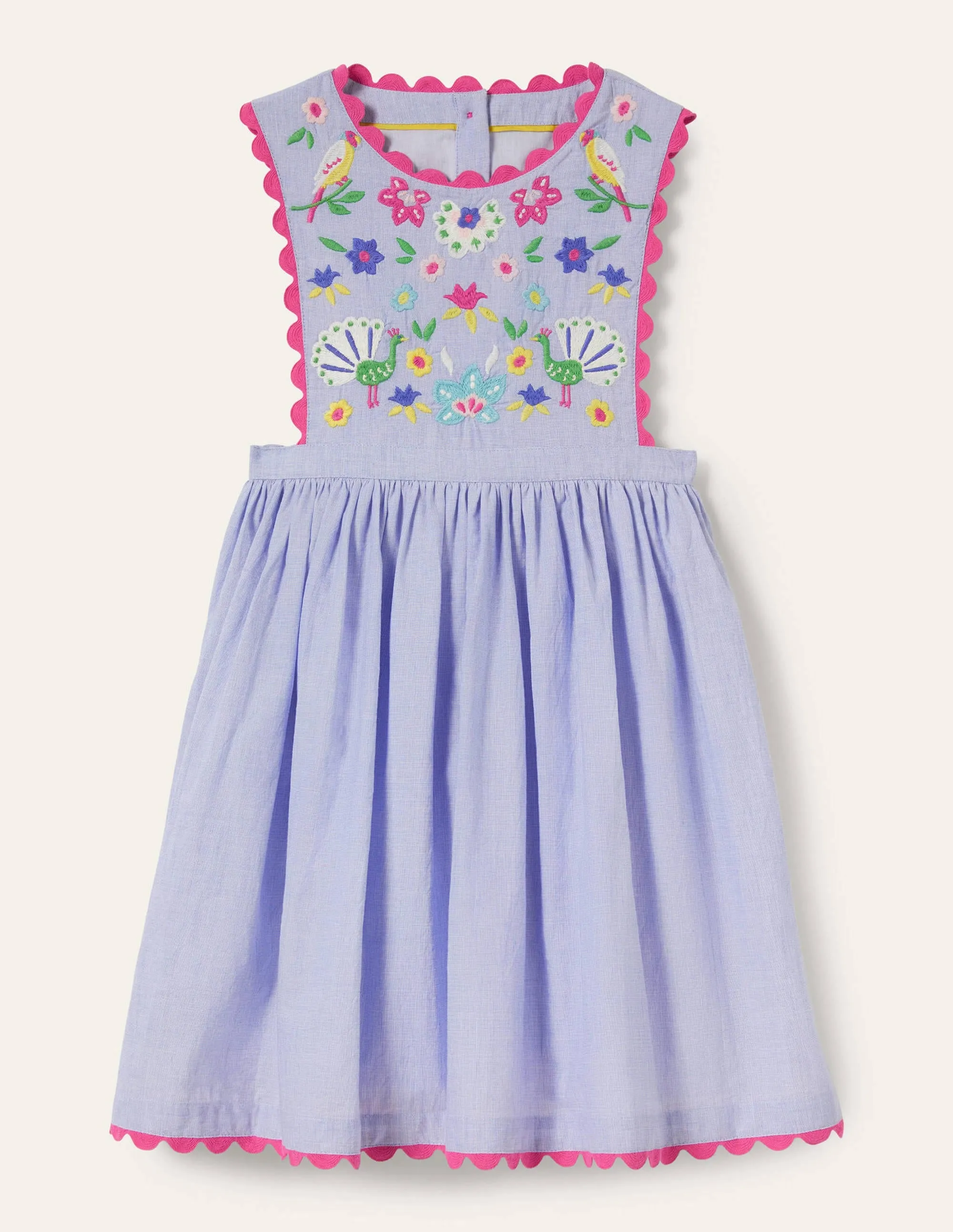Woven Pinafore Dress-Blue Multi Embroidery