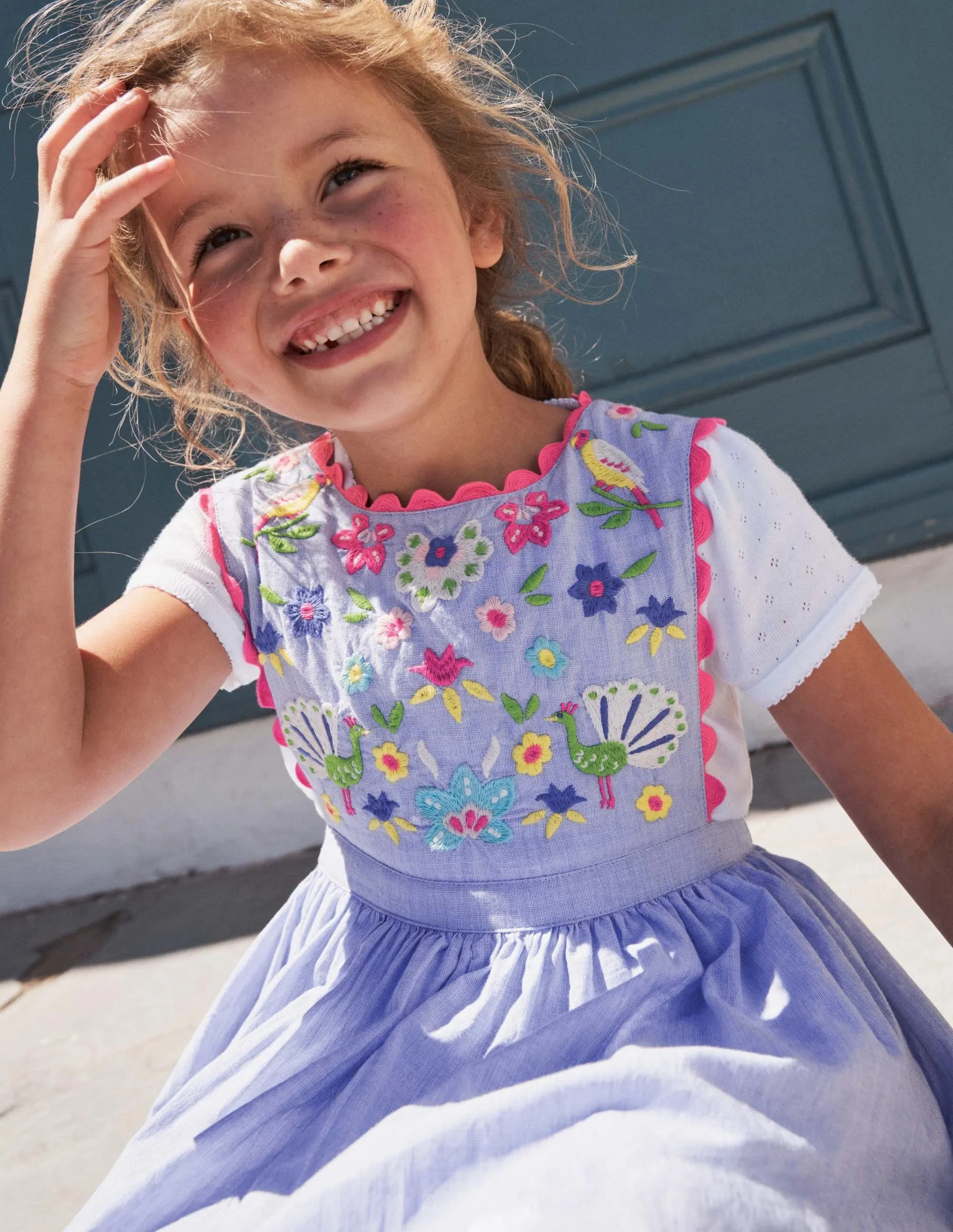 Woven Pinafore Dress-Blue Multi Embroidery